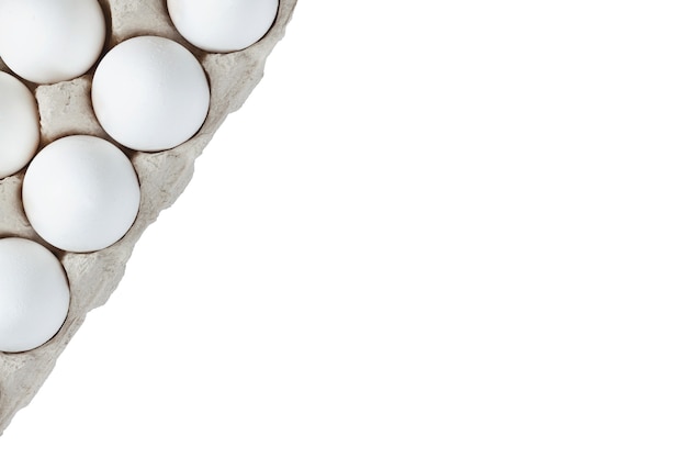 due file di uova bianche poste in un cartone isolato su uno spazio di copia di sfondo bianco