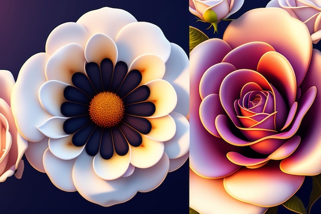 Due fiori di carta 3d sono realizzati con fiori di carta.