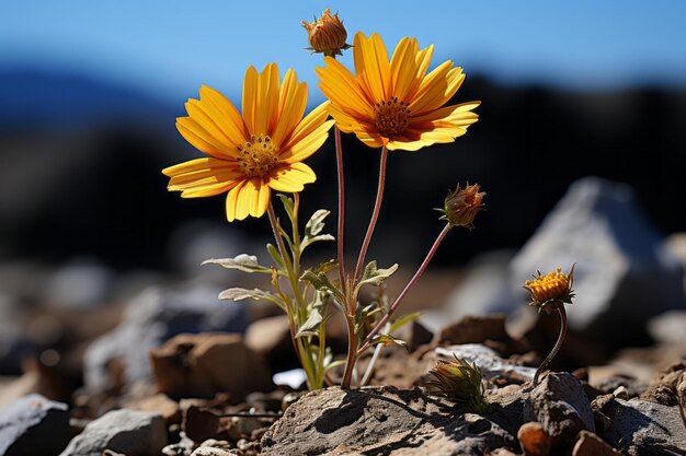 due fiori gialli che crescono da un terreno roccioso