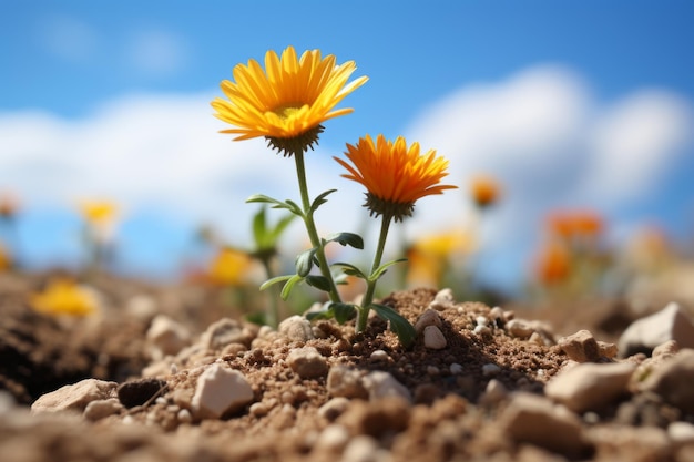 due fiori gialli che crescono dalla terra in un campo