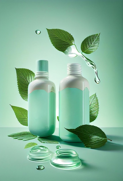 Due flaconi cosmetici di siero e accessori cosmetici su un verde Concetto di skinimalismo e prodotto per la cura multiuso AI generato