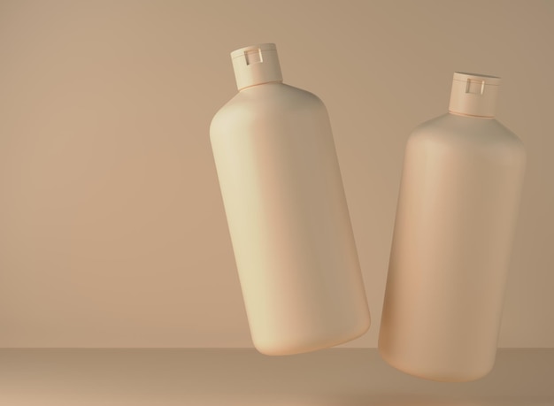 Due flaconi di shampoo in plastica beige galleggianti sullo sfondo dello studio Rendering 3D di imballaggi cosmetici