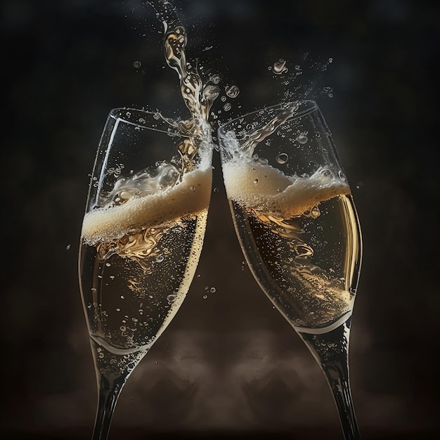 Due flauti di champagne pieni di vino bianco e la parola champagne.