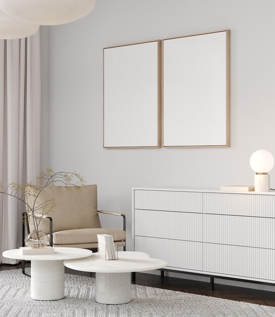 Due fotogrammi di poster in modellazione di interior design 3D per salotto leggero
