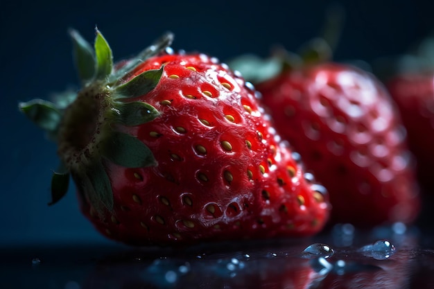 Due fragole rosse su sfondo scuro con gocce d'acqua