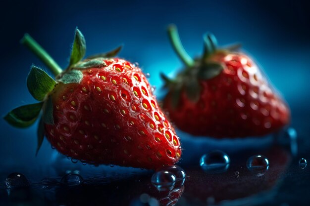 Due fragole su sfondo blu con gocce d'acqua