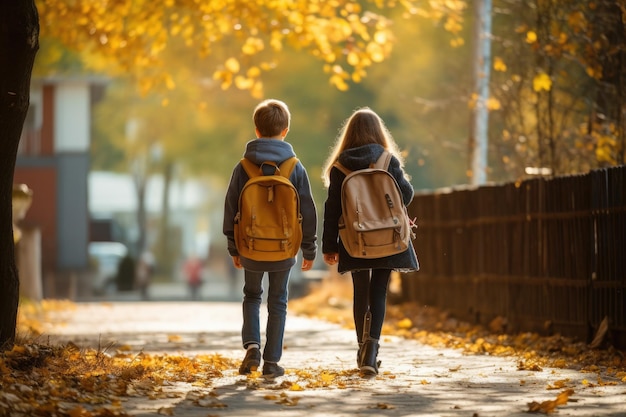 Due fratelli che vanno a scuola tra le foglie d'autunno tema del rientro a scuola Ai generativo