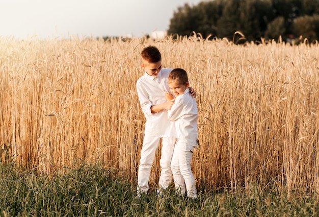 Due fratellini giocano e camminano nella natura in estate. Infanzia felice. Emozioni positive