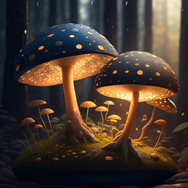 Due funghi blu con la luce che li illumina