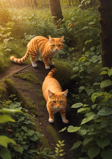 due gatti arancione che indagano nella foresta