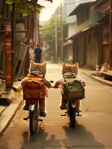 due gatti che cavalcano sul retro di una bicicletta con un gatto sul retro