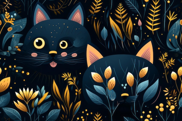 due gatti neri nell'erba con fiori e foglie