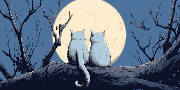 Due gatti seduti di notte davanti alla luna insieme Amore romantico