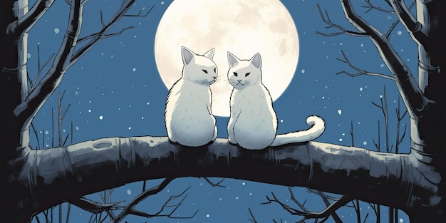 Due gatti seduti di notte davanti alla luna insieme Amore romantico