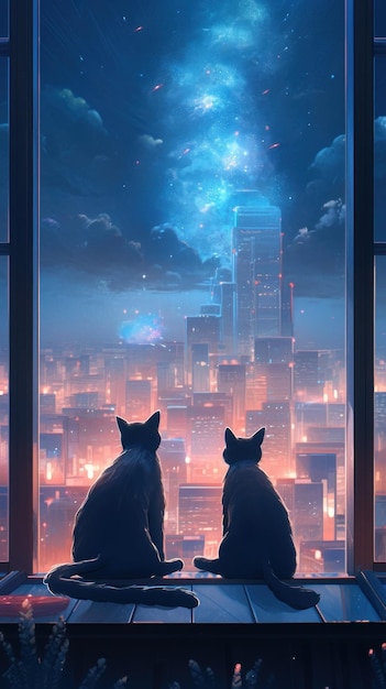 Due gatti seduti sul davanzale di una finestra che guardano una città di notte immagine generativa ai