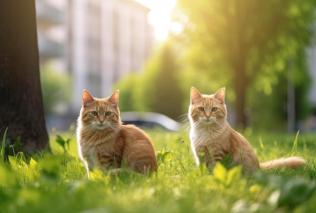 Due gatti seduti sull'erba verde