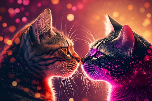 Due gatti si baciano Bella luce effetto bokeh Amore di San Valentino Rapporto di coppia Cartolina biglietto di auguri IA generativa