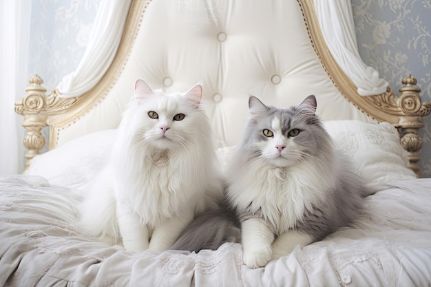 Due gatti soffici stanno insieme guardando nella telecamera