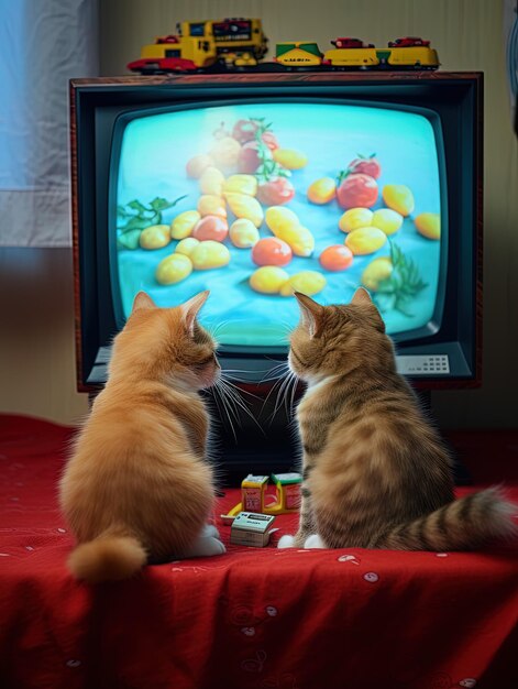 due gatti stanno guardando uno schermo TV che ha le parole la parola frutta su di esso