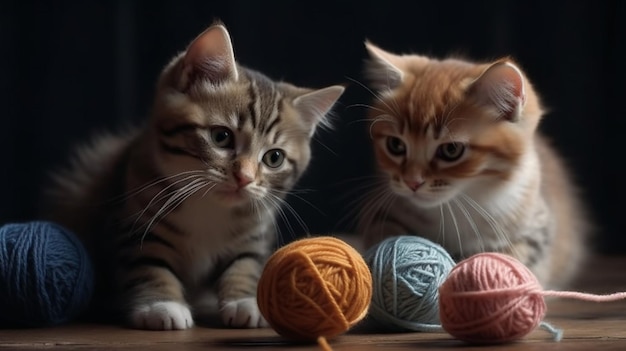 Due gattini che guardano un gomitolo di lana