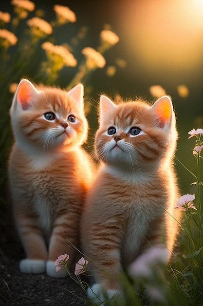 Due gattini che si siedono su una roccia nell'erba generativa ai