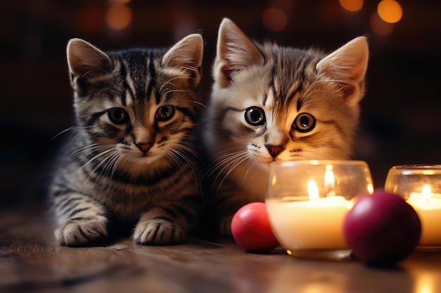Due gattini con candele e palline Calendario delle festività con animali domestici cartolina con gatti