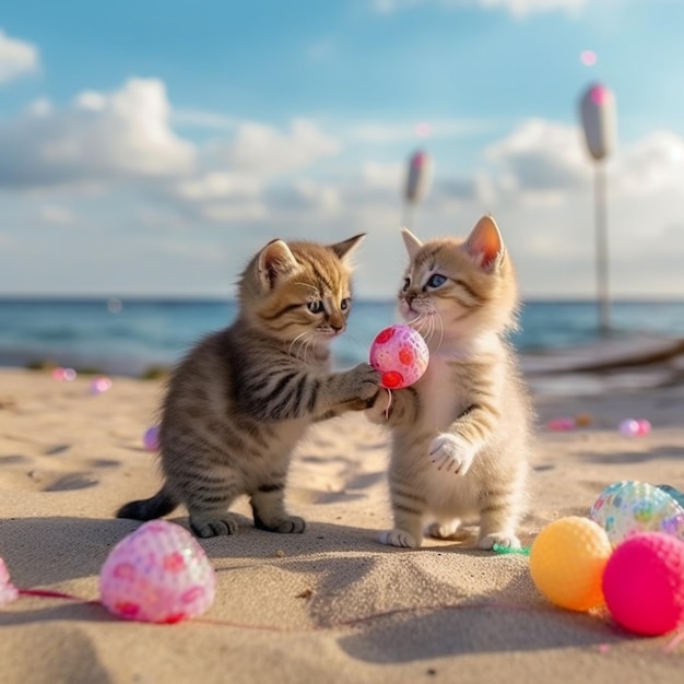 Due gattini sulla spiaggia con palline colorate e il cielo sullo sfondo