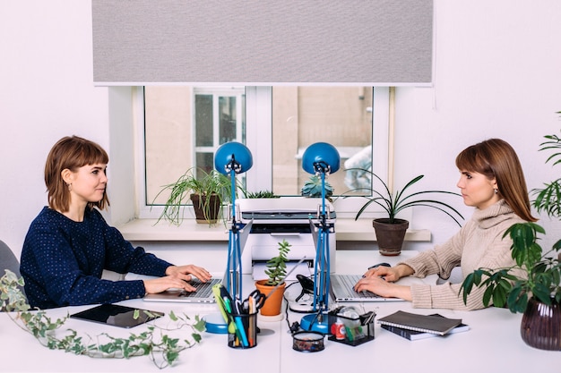 Due gemelli donne stanno lavorando uno di fronte all'altro in ufficio su un computer portatile. Interazione di sorelle e colleghi di lavoro. La psicologia dei rapporti di lavoro.