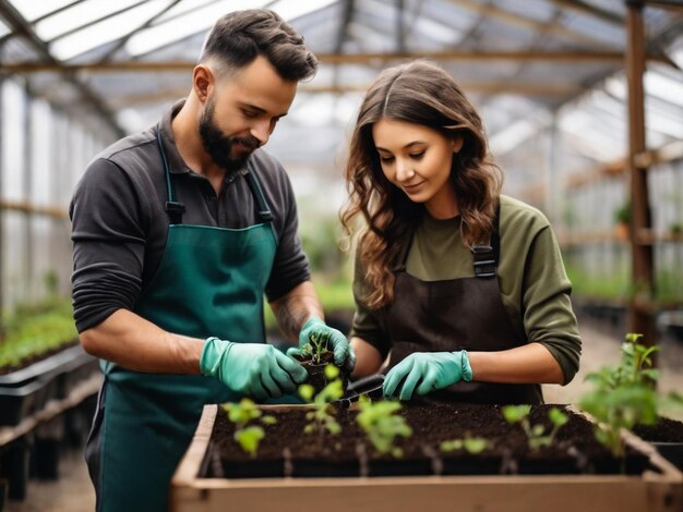 Due giardinieri professionisti che piantano germogli in contenitore con terra in serra