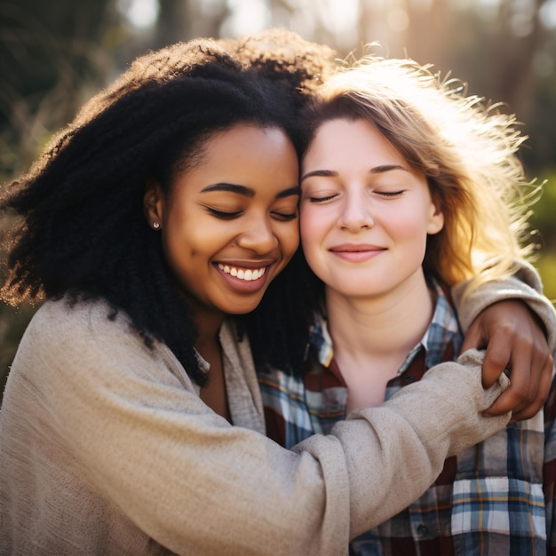 Due gioiose amiche multietniche che sorridono con gli occhi chiusi si abbracciano in un ambiente all'aperto