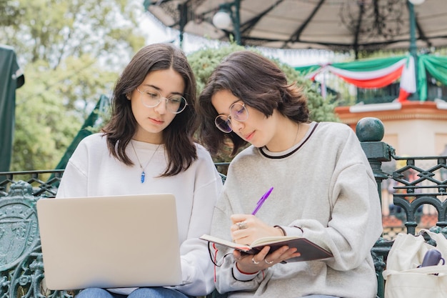 Due giovani amici che studiano in un parco, utilizzando un computer e un notebook a Città del Messico.