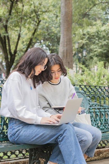 Due giovani amici studenti in un parco con un laptop e un notebook che fanno i compiti.