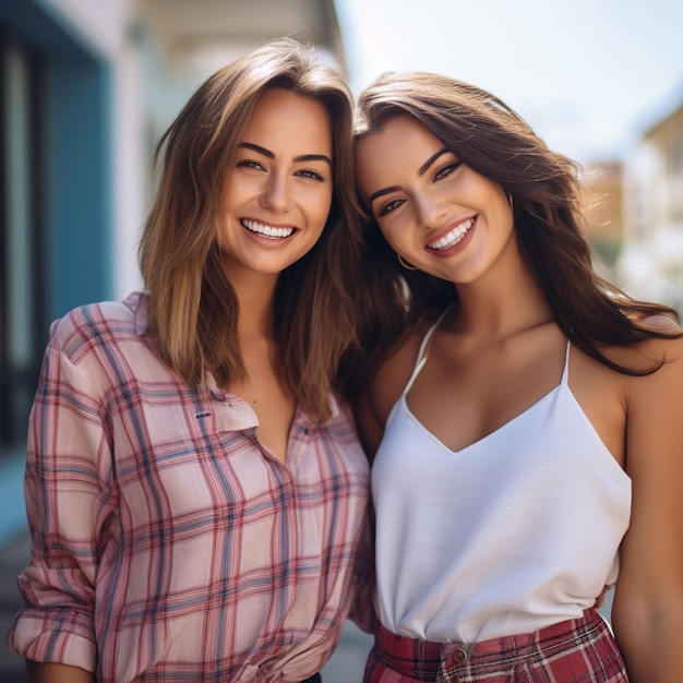 Due giovani belle donne brune sorridenti in abiti estivi alla moda