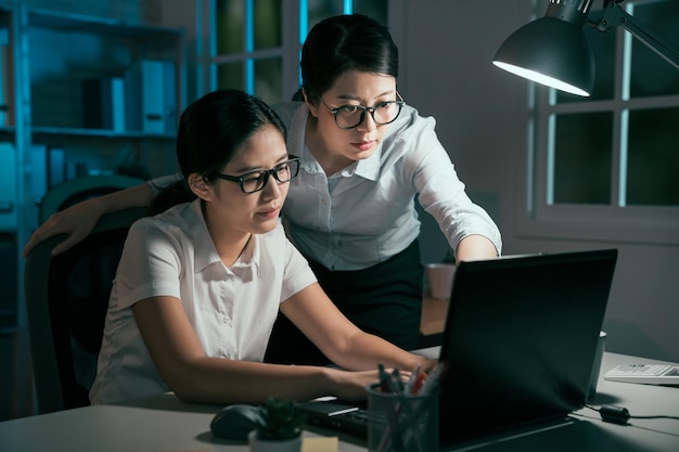 Due giovani colleghe asiatiche che lavorano a un progetto sul notebook del computer. gruppo di colleghi cinesi imprenditrice in ufficio notturno indossare occhiali miope oberati di lavoro sul piano insieme al coperto.