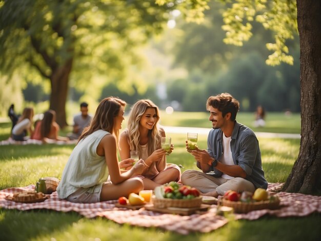 Due giovani coppie attraenti si godono un picnic sull'erba verde lussureggiante in un parco boscoso