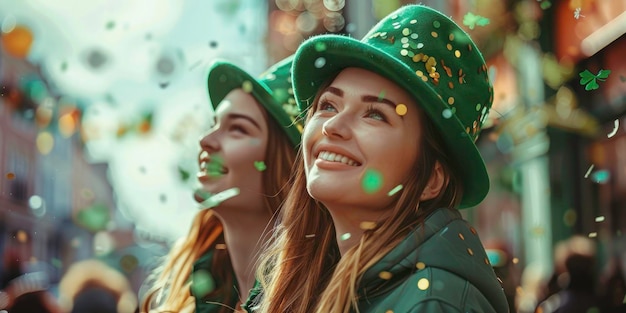 due giovani donne attraenti eseguono il giorno di San Patrizio ragazza carina che celebra il giorno di san Patrizio