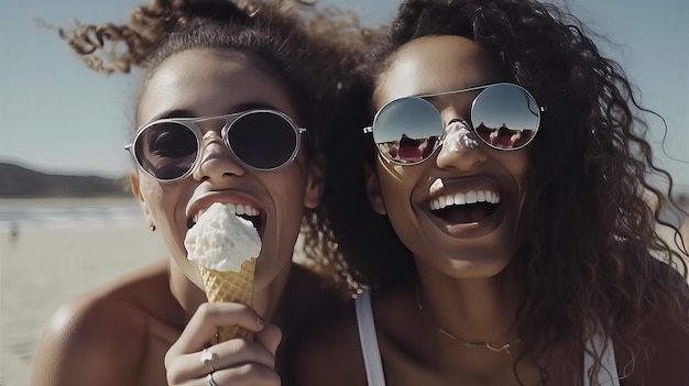 Due giovani donne attraenti sulla spiaggia che mostrano orgogliosamente alla telecamera un gelato in una giornata di sole