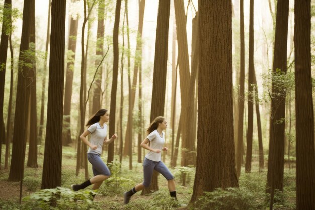 Due giovani donne che corrono in una foresta.