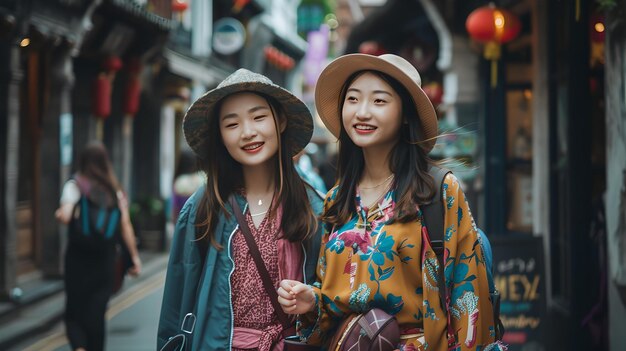 Due giovani donne che esplorano la strada urbana amici alla moda che si godono la vita cittadina stile casual streetwear ritratto AI