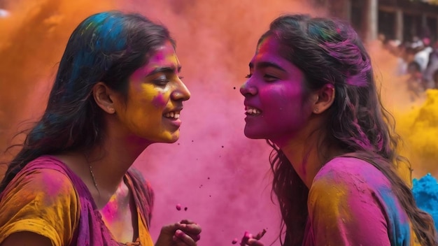 Due giovani donne che giocano e si divertono con i colori di Holi