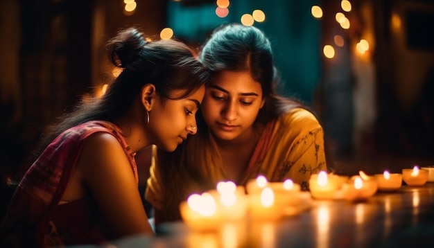 Due giovani donne che sorridono insieme a lume di candela generato dall'intelligenza artificiale