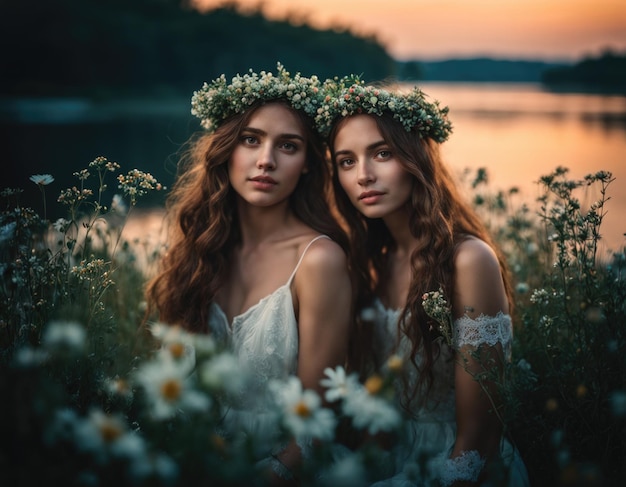 Due giovani donne con corone di fiori vicino all'acqua Festa slava di Ivan Kupala Generazione di AI