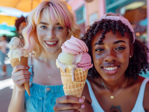 Due giovani donne con un enorme gelato fatto a mano concentrarsi sul concetto di gelato godersi l'estate