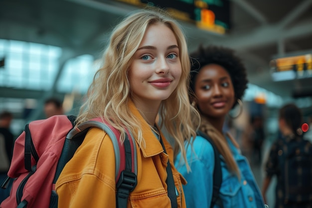 Due giovani donne con uno zaino nell'aeroporto internazionale