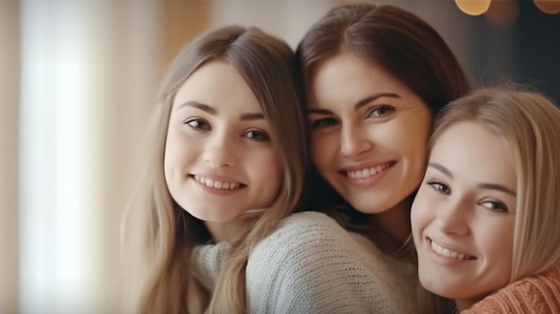 Due giovani donne di varie età che sorridono e si tengono per mano in una fotografia in primo piano L'IA generativa mostra una bambina che abbraccia sua madre da dietro