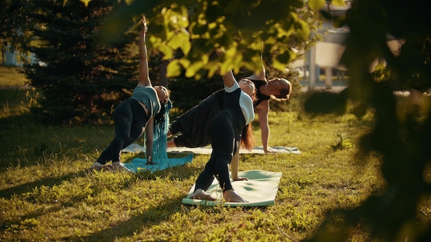 Due giovani donne e un uomo che fanno esercizi di yoga nel parco circondato da alberi di un verde brillante