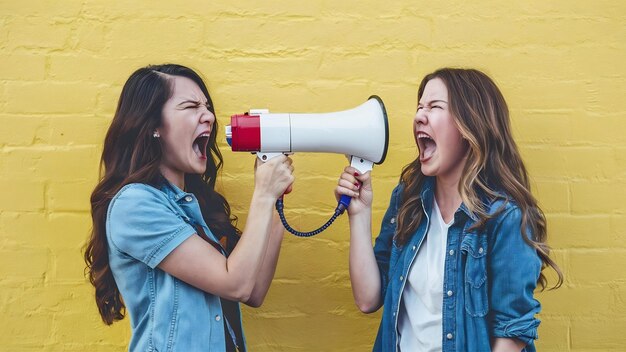 Due giovani donne irritate ragazze amiche urlano in megafono isolato sul muro giallo