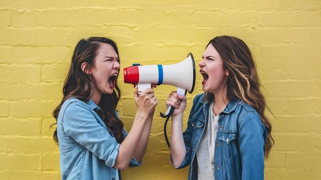 Due giovani donne irritate ragazze amiche urlano in megafono isolato sul muro giallo