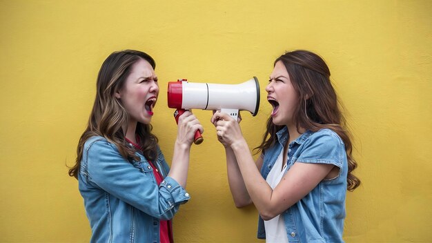 Due giovani donne irritate ragazze amiche urlano in megafono isolato sul muro giallo