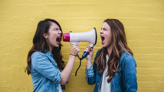 Due giovani donne irritate ragazze amiche urlano in megafono isolato sul muro giallo